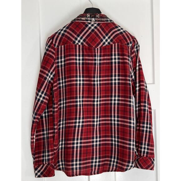 Guess Womens‎ Sz Med Snap Front Red Plaid Long Sleeve Shirt Embellished Collar - Picture 2 of 9